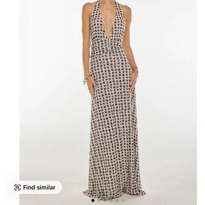 Sleeveless Halter Maxi Dress in white with gray Dot Print